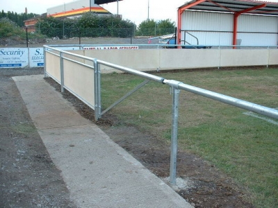 Galvanised steel access gate in spectator safety handrail, Bridgewater