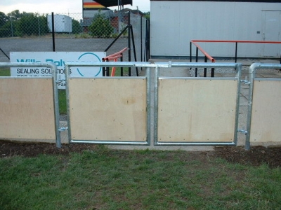 Galvanised steel gates in spectator handrail, Bridgewater