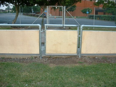 Galvanised steel spectator safety handrail access gate, Bridgewater